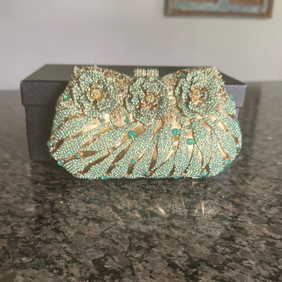 ? Handbags - Gold and pale Green high quality Embellished Clutch NWT